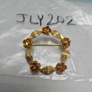 VINTAGE GOLD TONE ORANGE ROSE/LEAF BROOCH